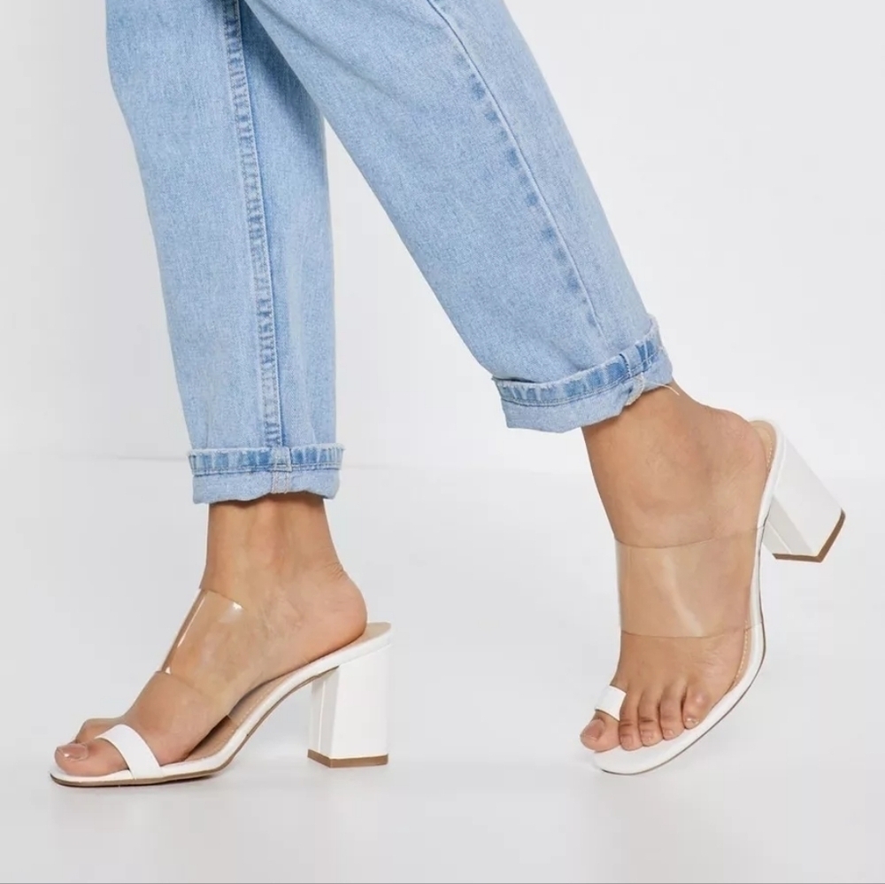 Clear Strap PVC Block Heel Open Toe with Toe Post Loop Mule Sandals